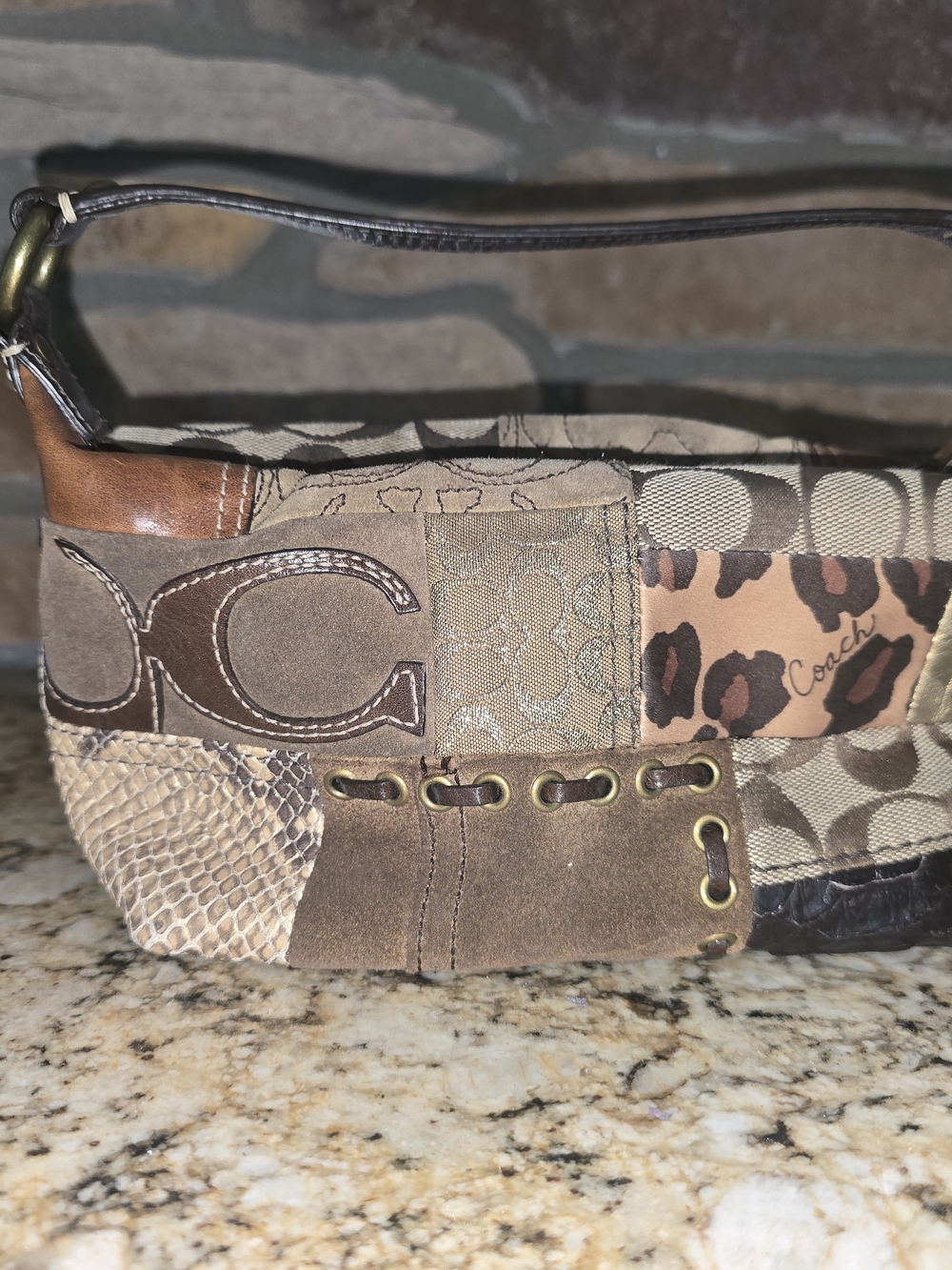 Coach Patchwork Signature Shoulder Bag in Brown and Tan